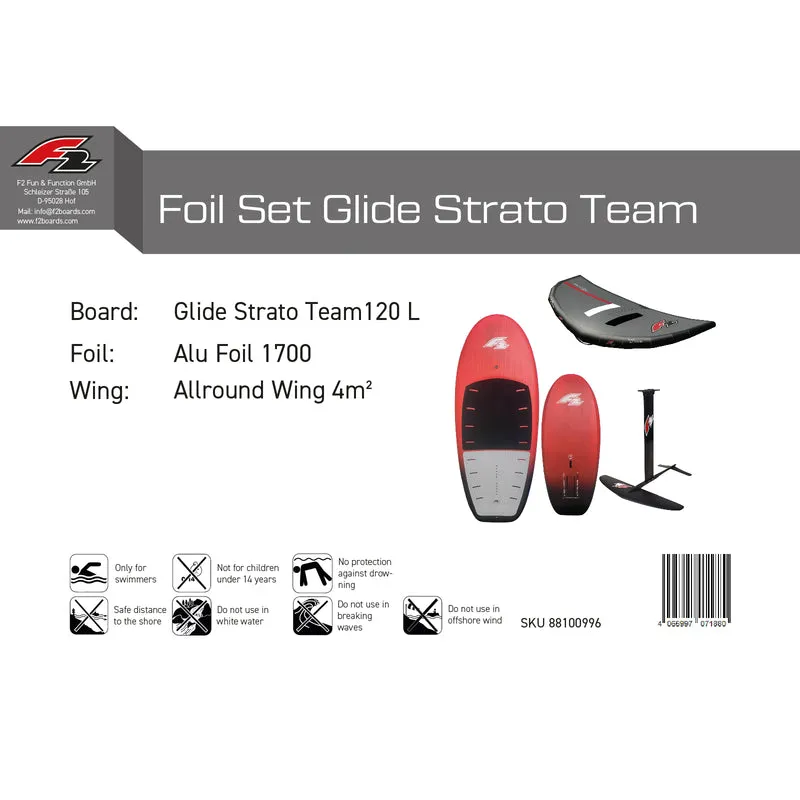 F2 Set Foilboard Glide Strato Team Rot 120L + Alu Foil 1700 + Wing 4qm