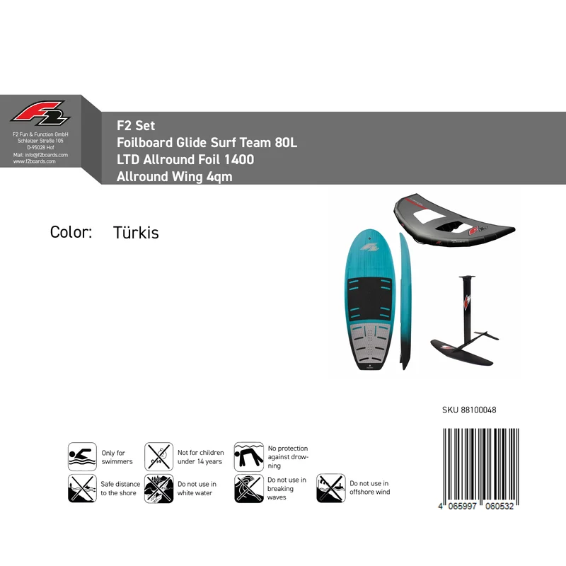 F2 Set Foilboard Glide Surf Team 80L+LTD Allround Foil 1400 +Allround Wing 4qm