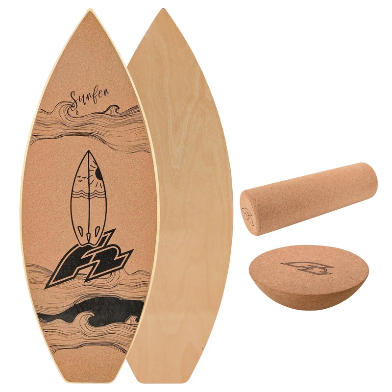 F2 Kork Balance Board Surf 74x30cm mit Korkrolle + Kork Halbkugel