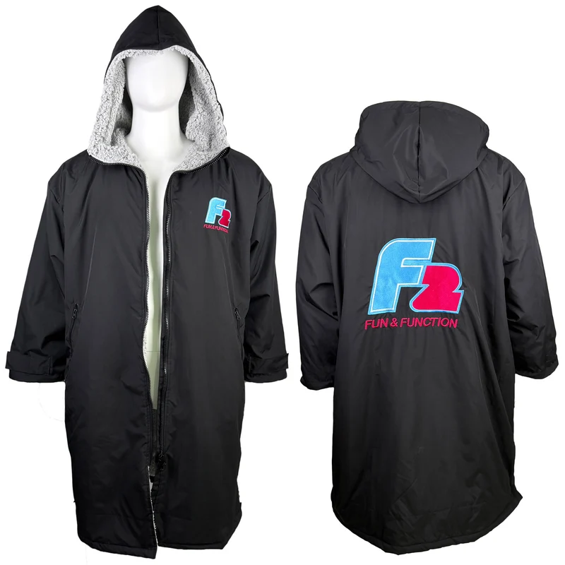 F2 Retro Surf Coat Unisex Poncho Jacke Schwarz - Größe wählbar