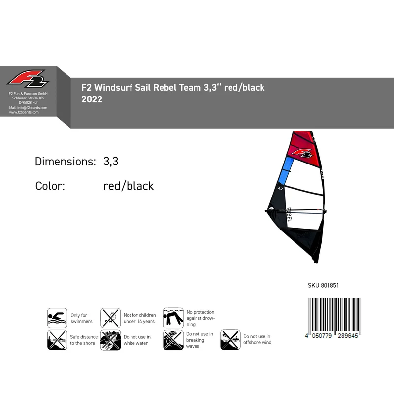 F2 Sale Windsurf Segel Rebel Team 3,3qm Rot/Schwarz Modell 2022 NEU Sail Only