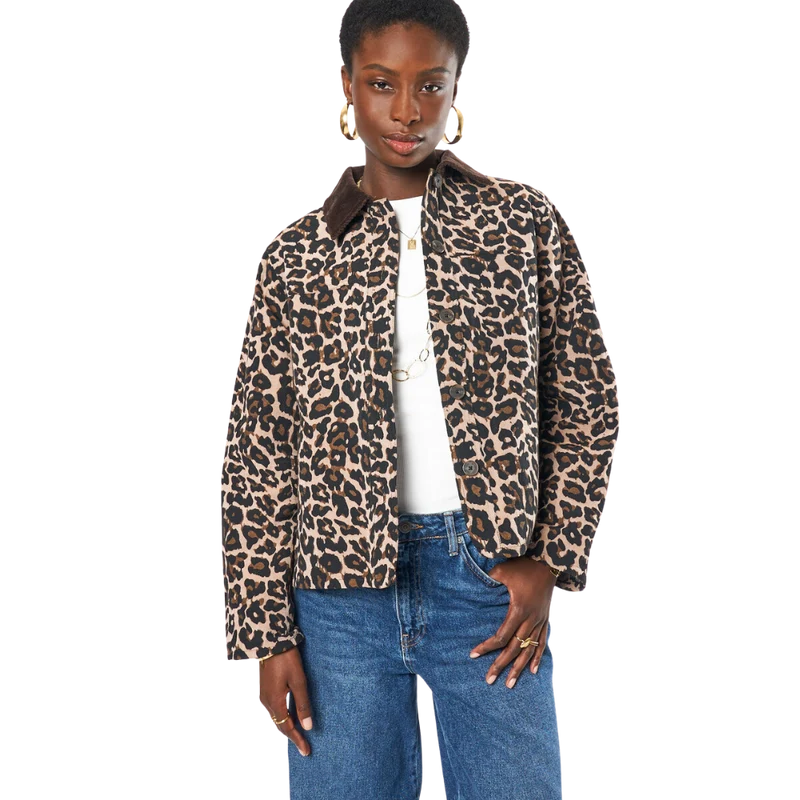 Leopard jacket with corduroy collar