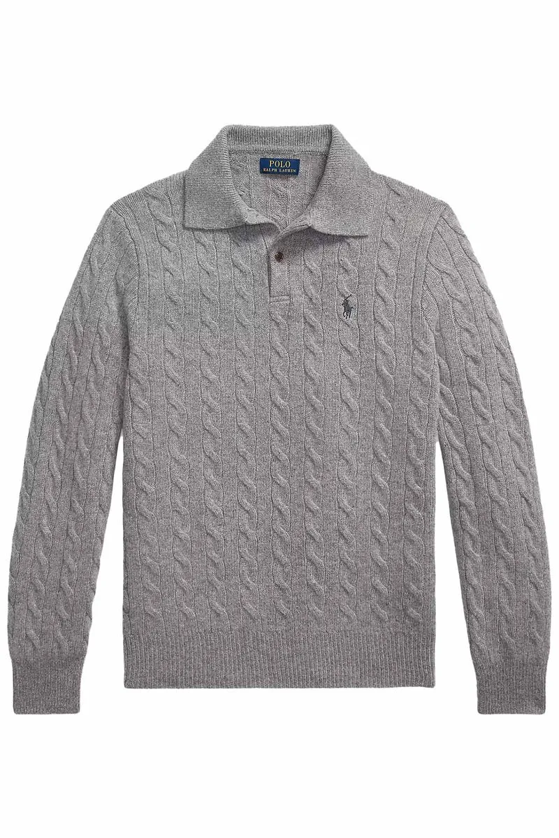 Polo Ralph Lauren Herren Strickpullover mit Zopfmuster und Kragen Grey Heather