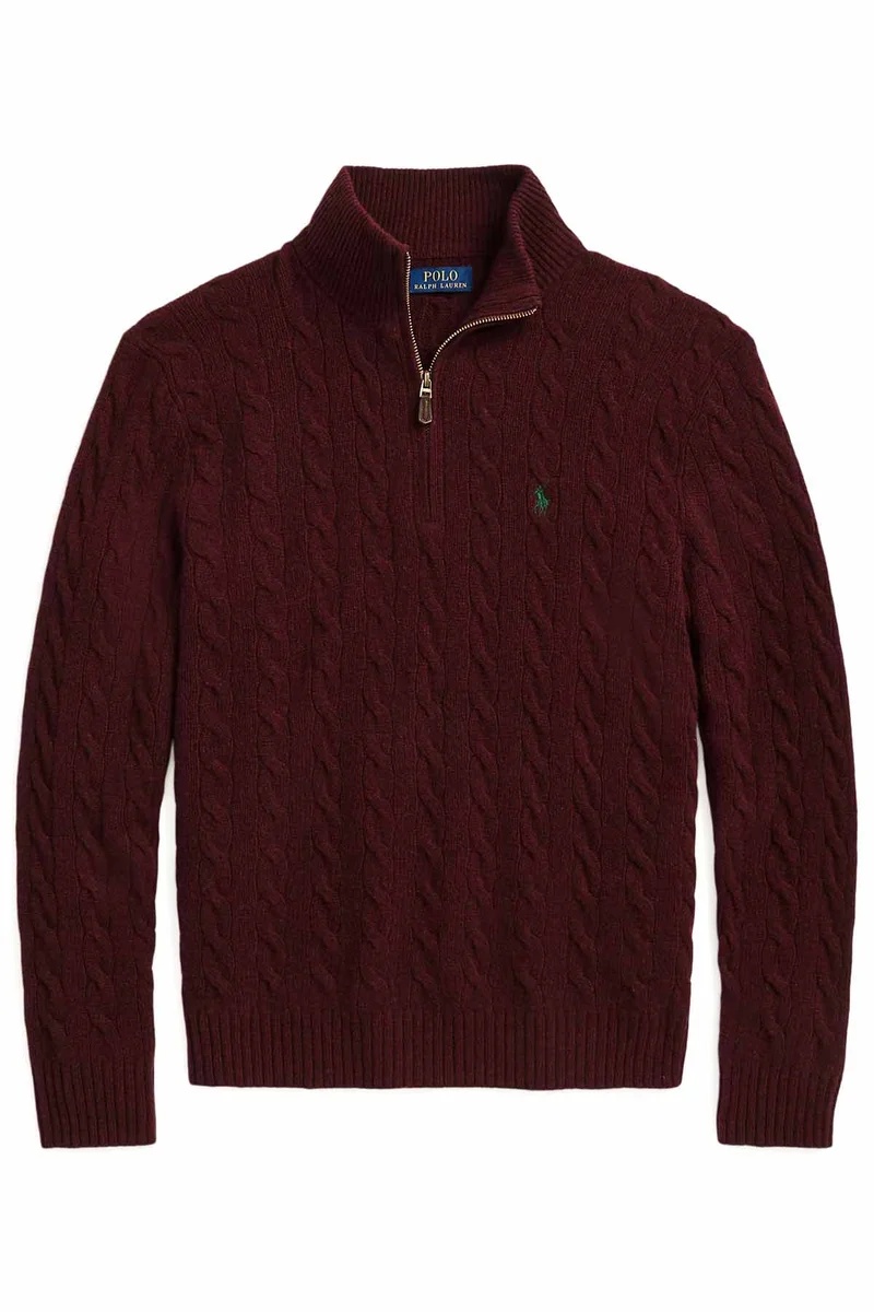 Polo Ralph Lauren Herren Strickpullover mit Zopfmuster und Reißverschluss Aged WIne Heather