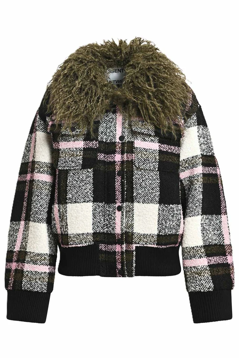 Essentiel Antwerp karierte Damen Bomberjacke Kpop Olive/Weiss/Pink