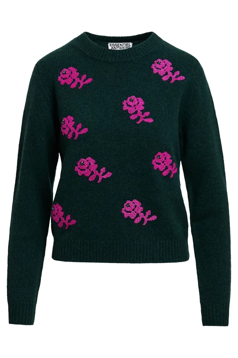 Essentiel Antwerp Damen Jacquard-Wollpullover mit Blumenmuster Korine Dunkelgrün