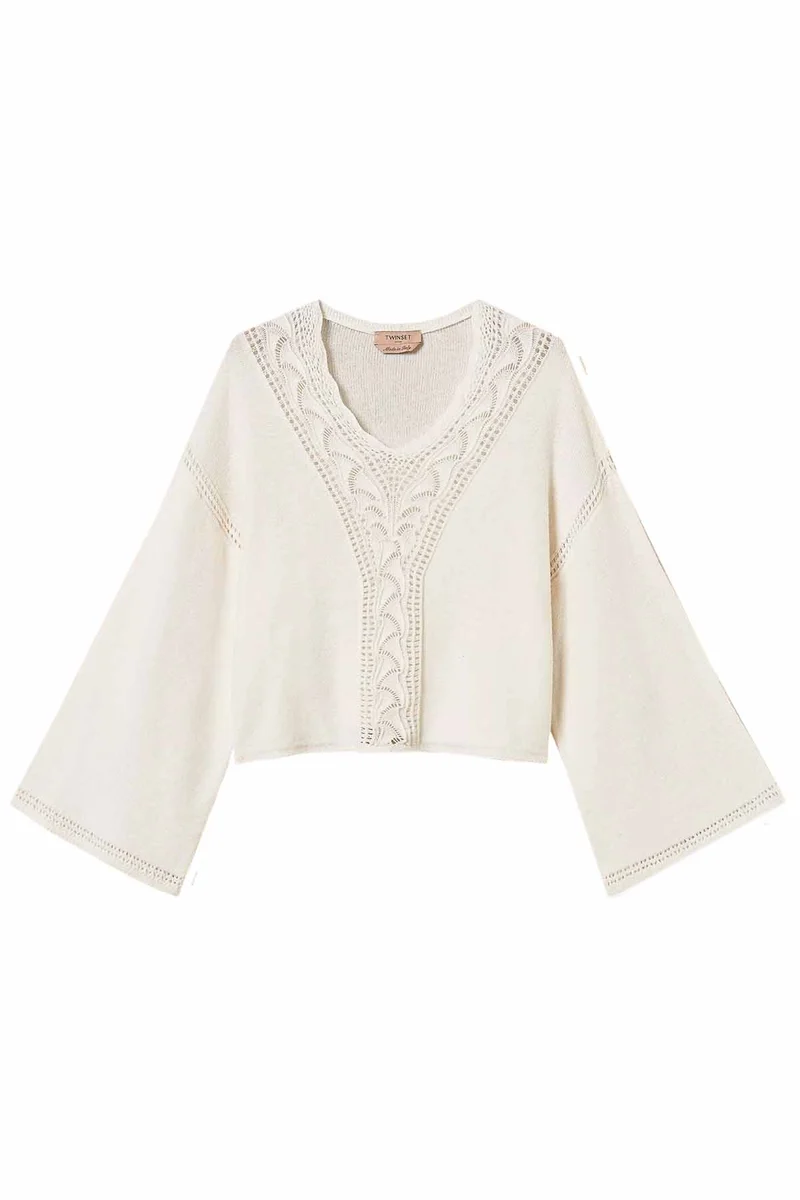 Twin Set Damen Strickpullover mit Durchbruchmuster Weiss