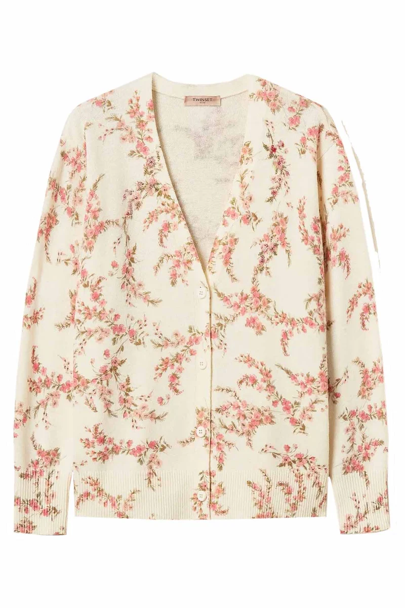 Twin Set Damen Maxicardigan mit Blumenmuster Natur-Weiss