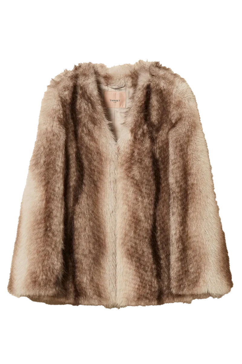 Twin Set Damen Ponchojacke aus Kunstpelz Beige/Braun