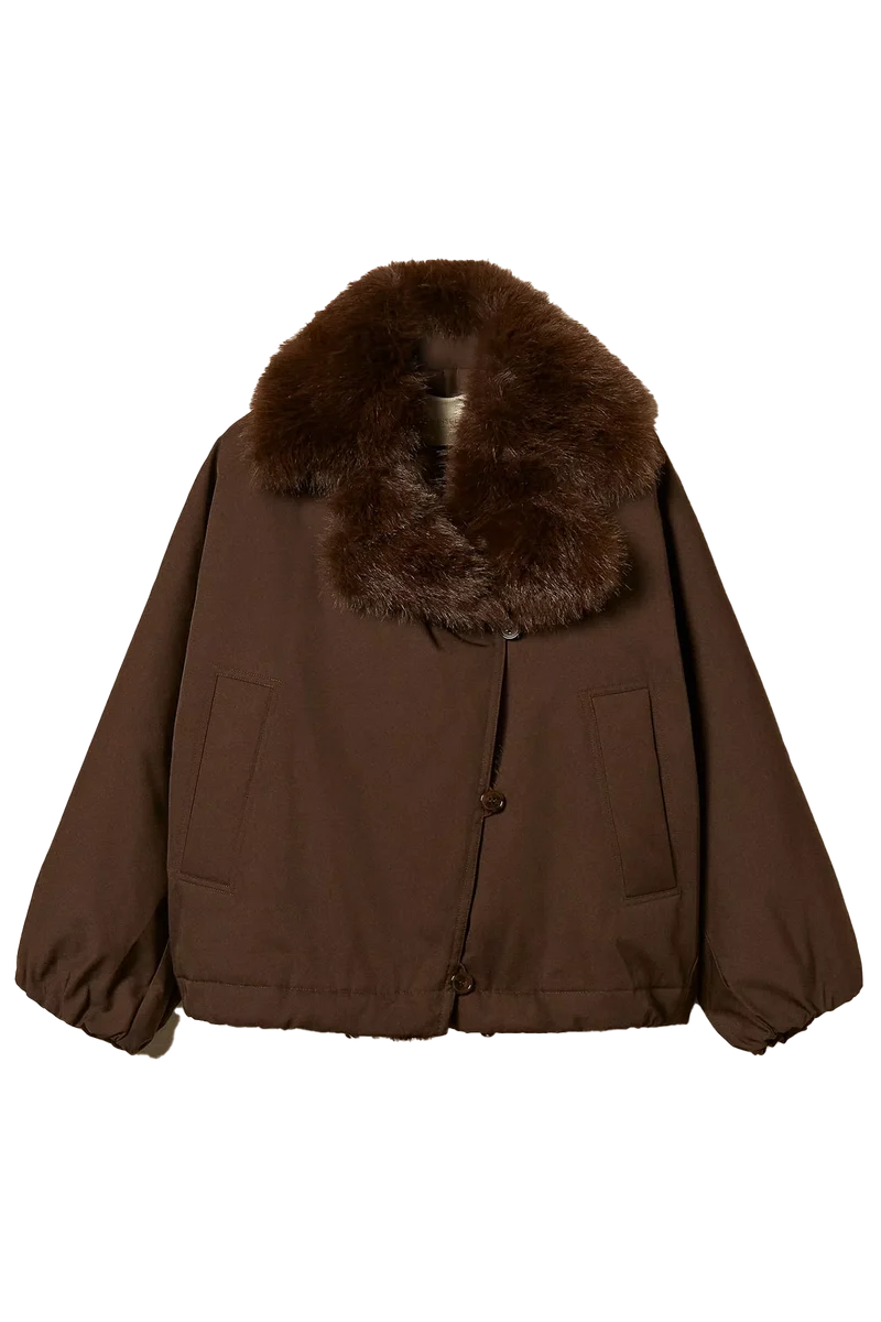 Twin Set Damen Jacke mit Kunstpelzkragen Braun
