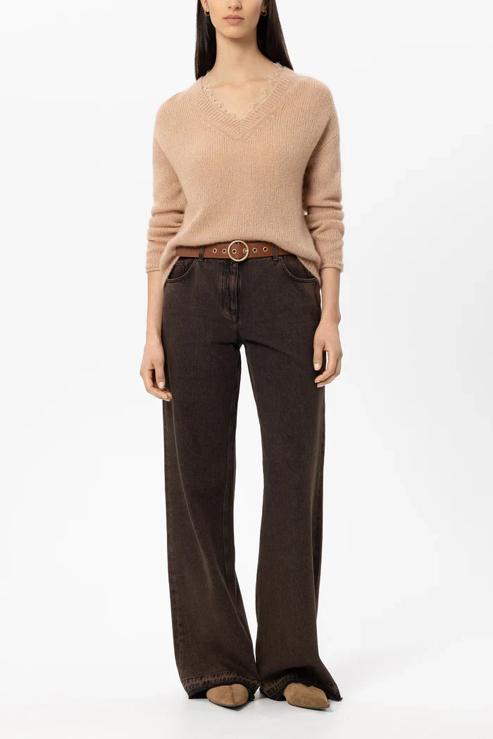 Luisa Cerano Damen V-Pullover aus Alpaka-Mix Cappuccino