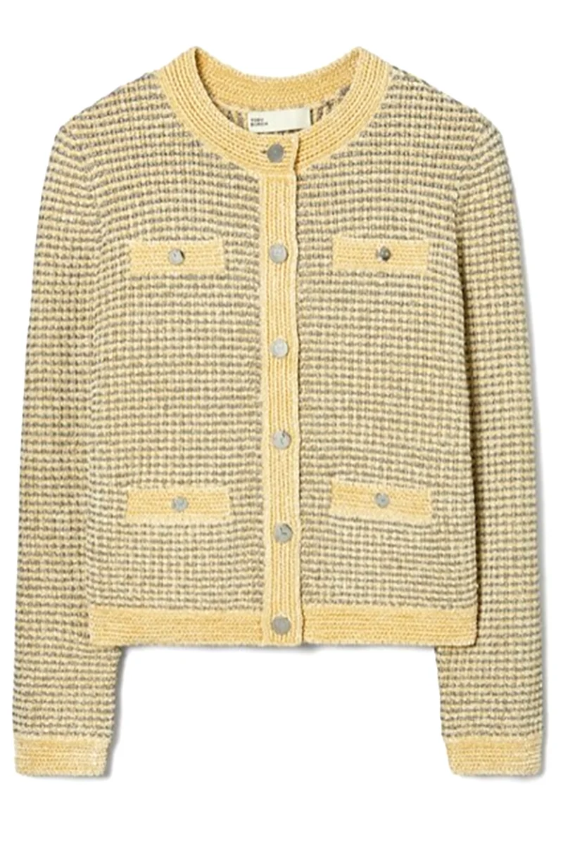 Tory Burch Damen Strickjacke Kendra Velvet Ivory/Metallic Gray