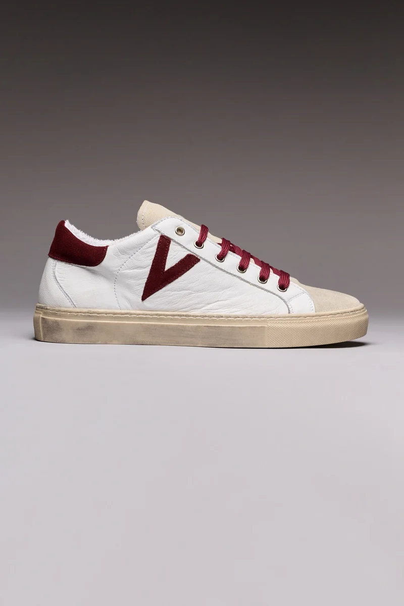 OLYMPIC - Sneakers a suola bassa Bianca con retro e inserto scamosciato Bordeaux