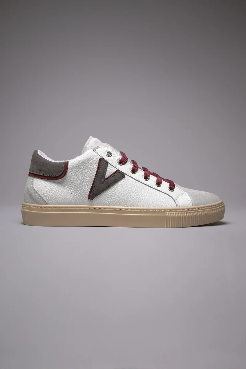 OLYMPIC V - Sneakers a suola bassa in pelle martellata con inserto e retro Bicolor Antracite e Bordeaux