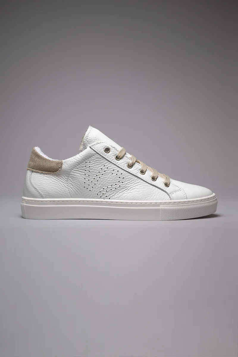 TENNIS - Sneakers a suola bassa Bianca con retro in tessuto Spigato Sabbia