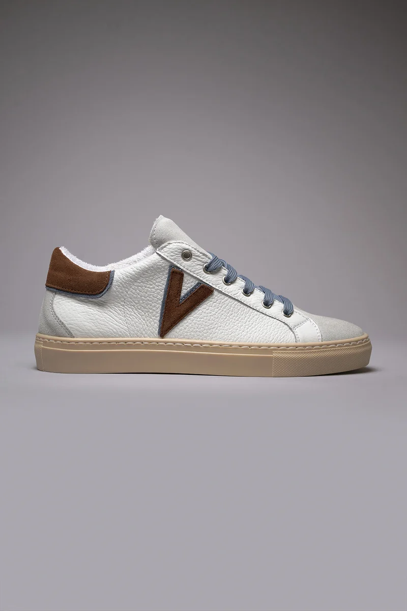 OLYMPIC V - Sneakers a suola bassa in pelle martellata con inserto e retro Bicolor Moro e Jeans