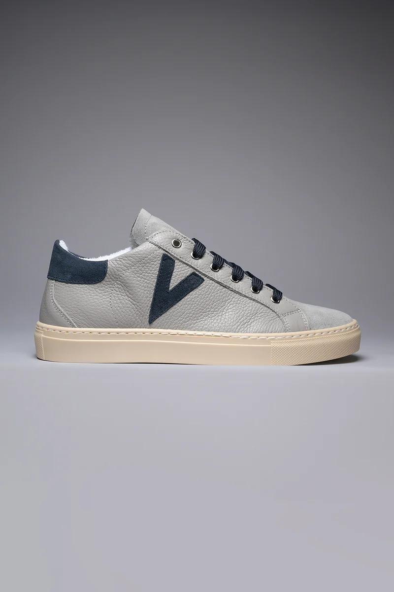 OLYMPIC - Sneakers a suola bassa in pelle martellata Grigia con retro e inserto Blu