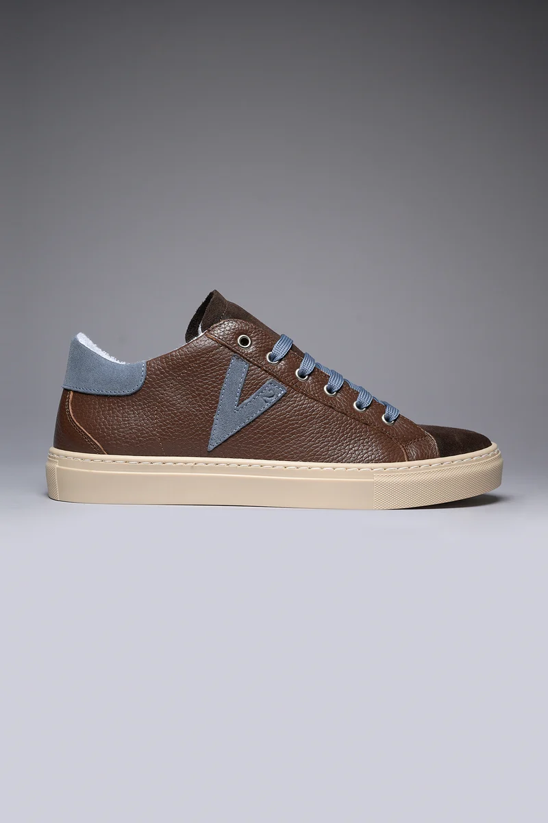 OLYMPIC - Sneakers a suola bassa in pelle martellata Moro con retro e inserto Jeans