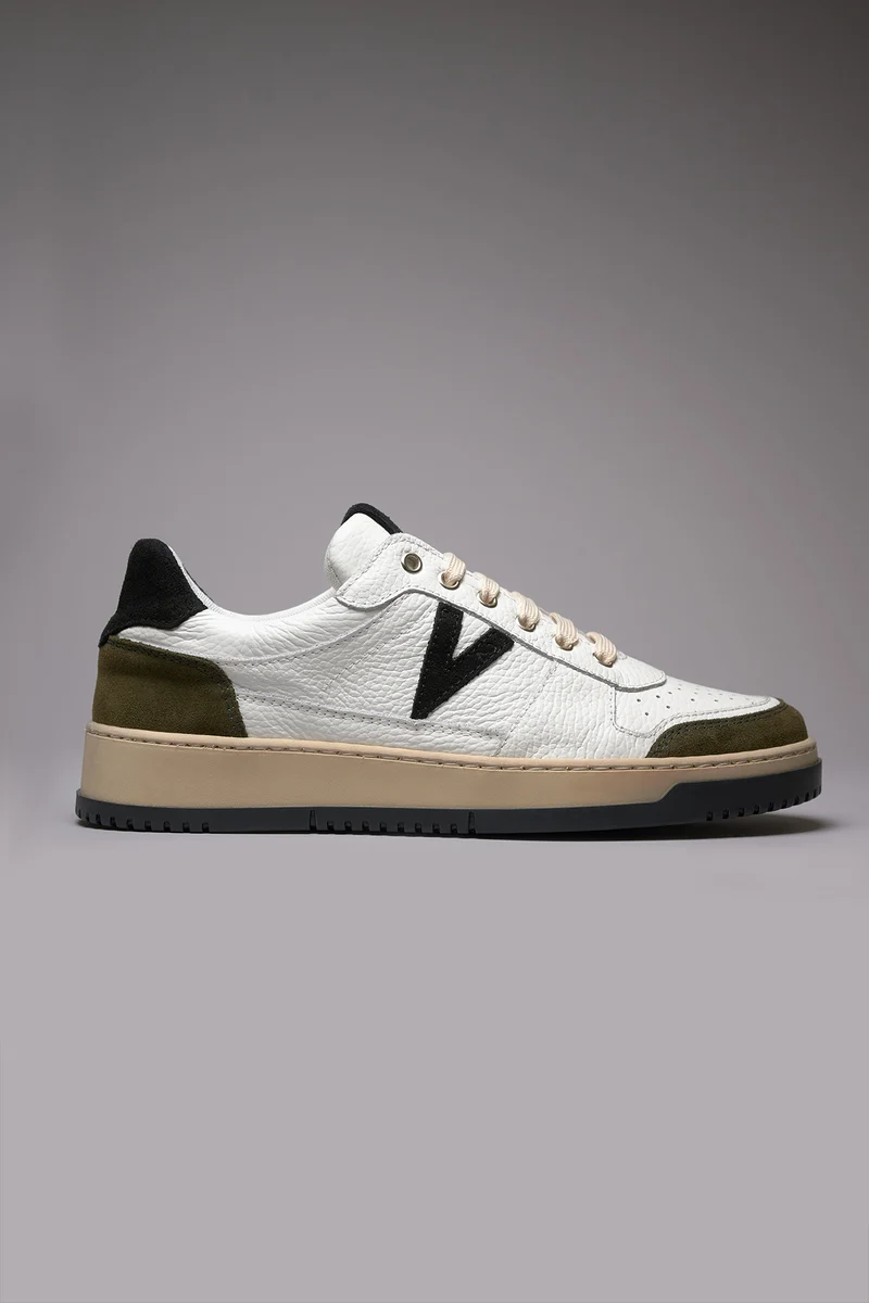 COLLEGE - Sneakers Bianca con inserti e suola Bicolor Nero e Verde Militare