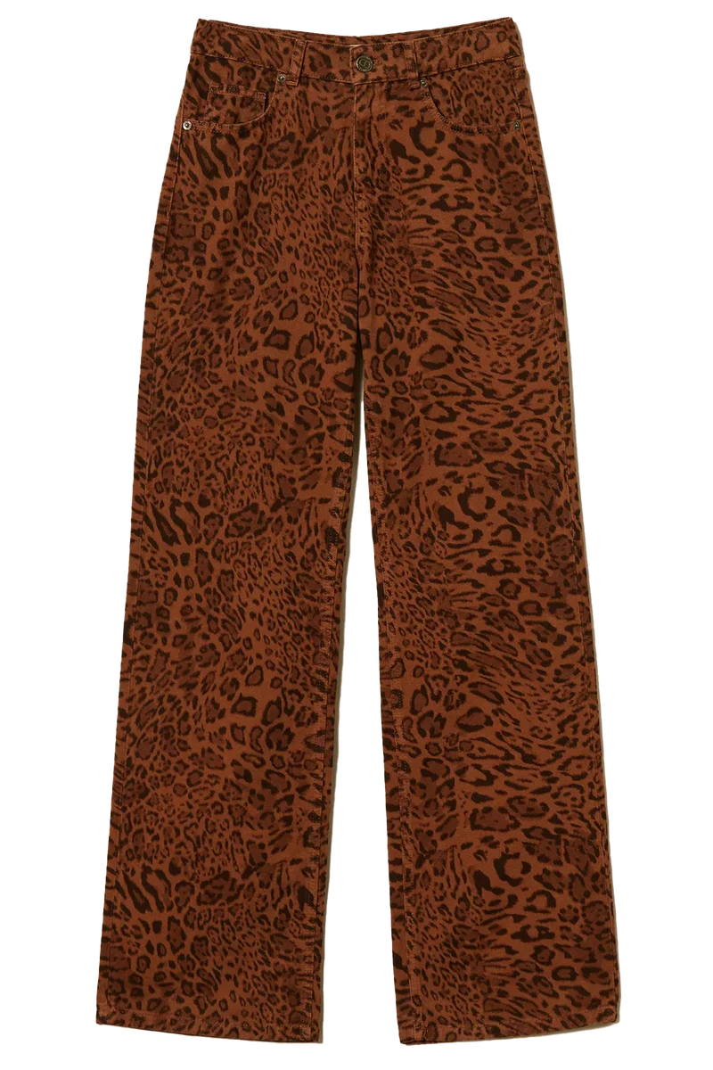 Twin Set Damen Hose aus Bull Denim mit Animalprint, Beige/Braun