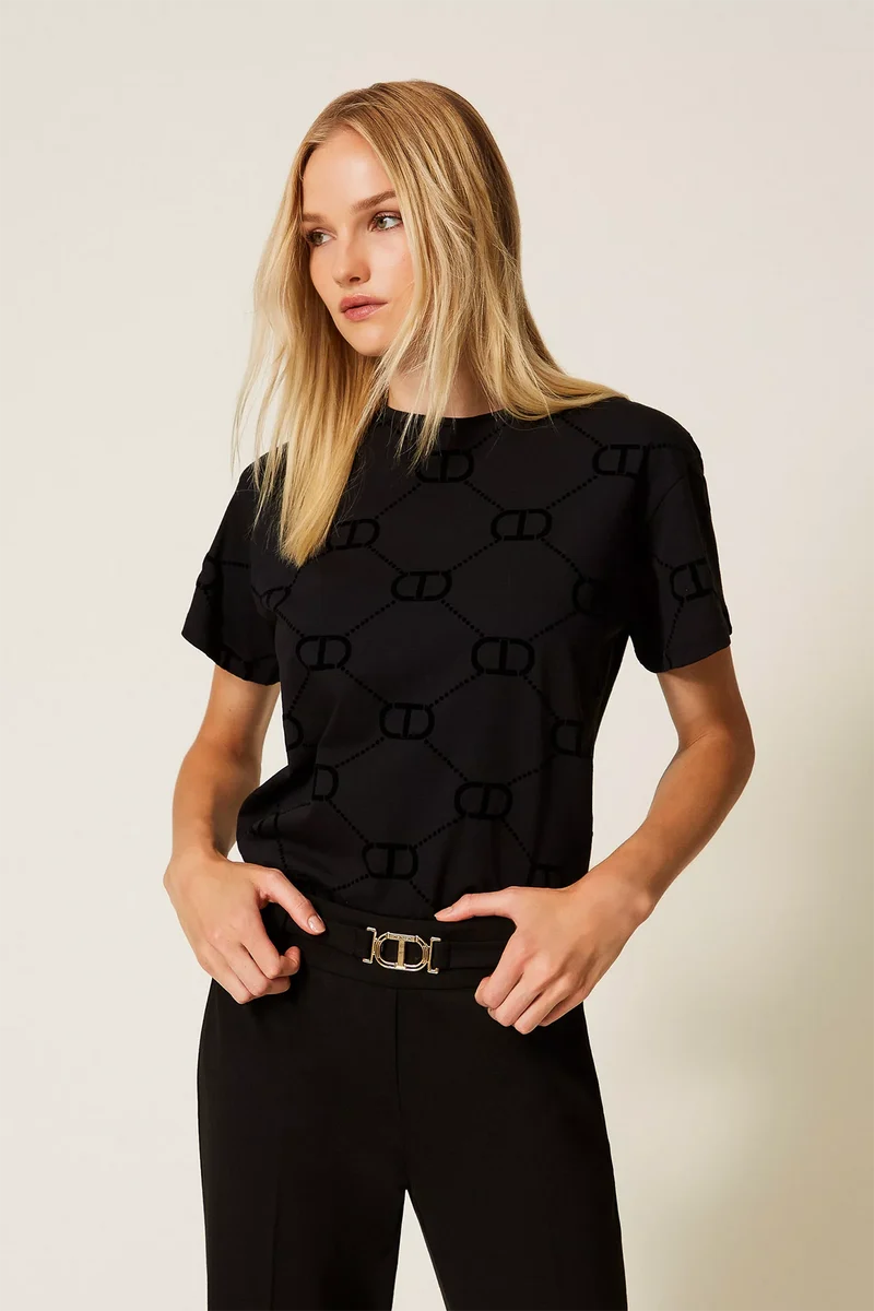 Twin Set Damen T-Shirt mit „Oval T“-Flockprint Schwarz