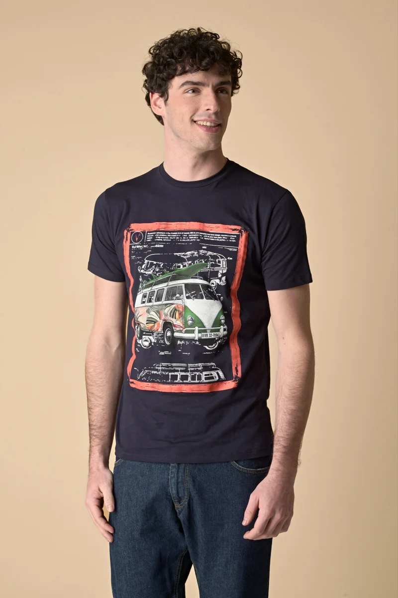 T-Shirt Blu stampa Camper con inserto e interno collo in tessuto V2