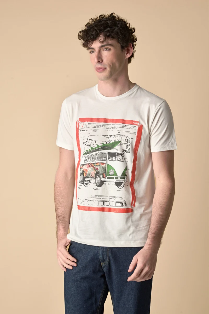 T-Shirt Panna stampa Camper con inserto e interno collo in tessuto V2