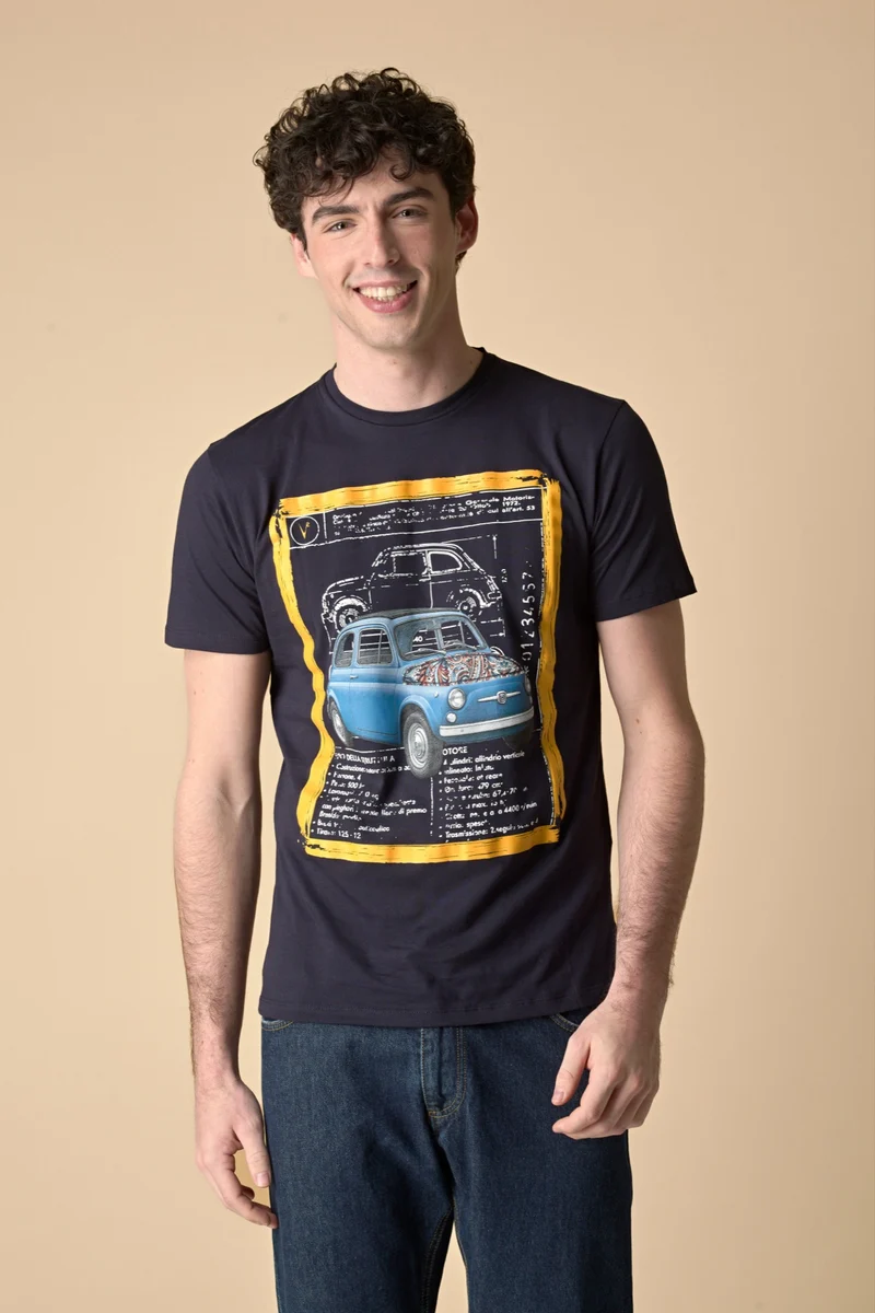 T-Shirt Blu stampa Macchina con inserto e interno collo in tessuto V2