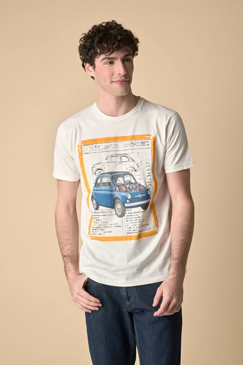 T-Shirt Panna stampa Macchina con inserto e interno collo in tessuto V2