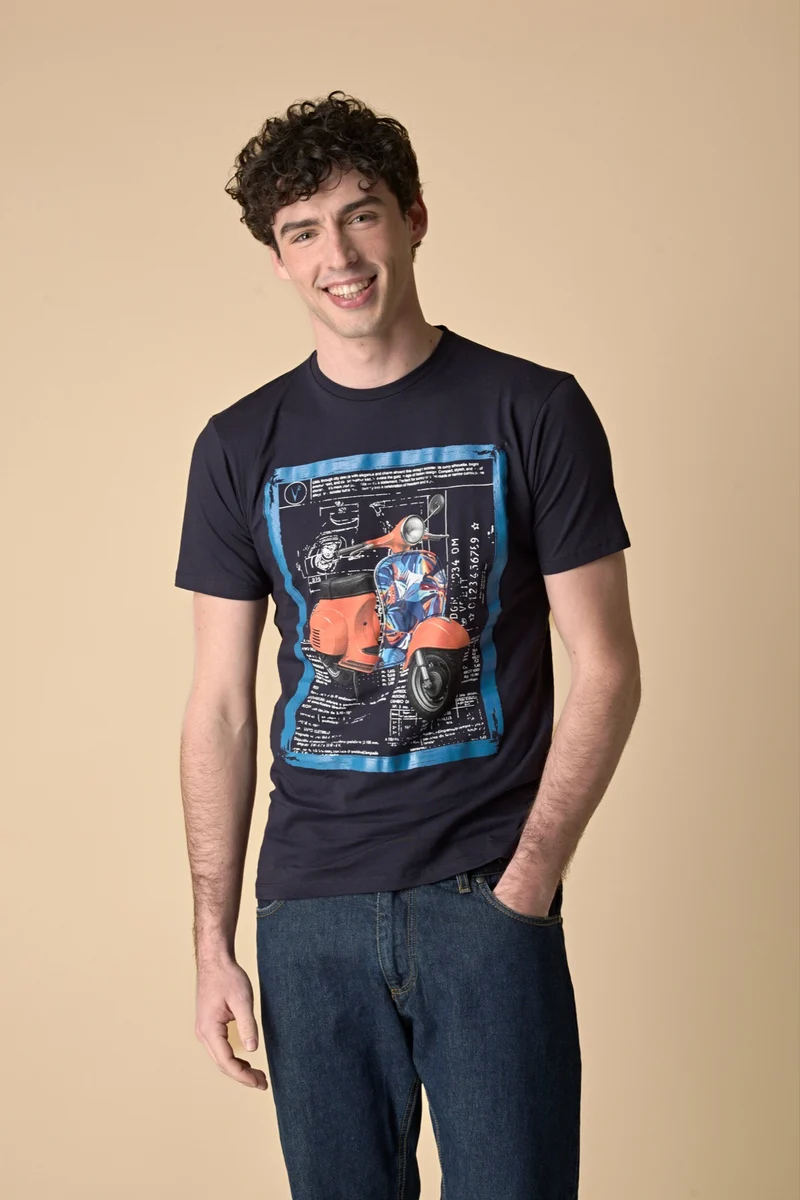 T-Shirt Blu stampa Moto con inserto e interno collo in tessuto V2
