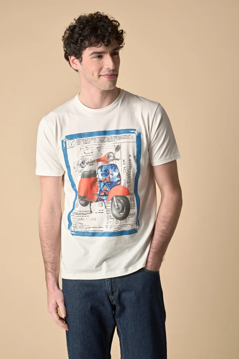 T-Shirt Panna stampa Moto con inserto e interno collo in tessuto V2