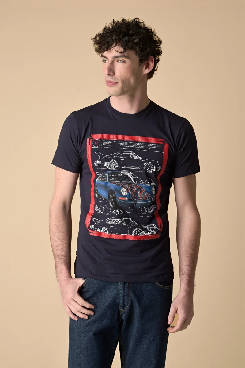 T-Shirt Blu stampa Supercar con inserto e interno collo in tessuto V2