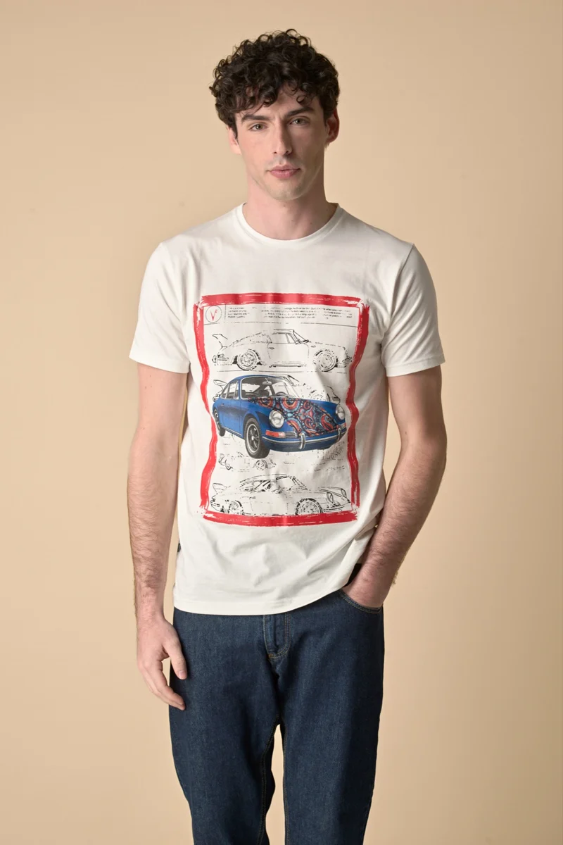 T-Shirt Panna stampa Supercar con inserto e interno collo in tessuto V2