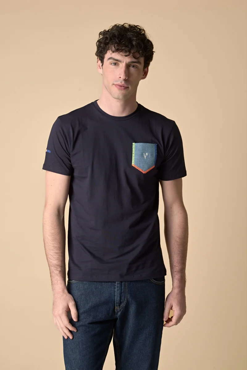 T-Shirt Blu con taschino in Jeans e ricami Fluo