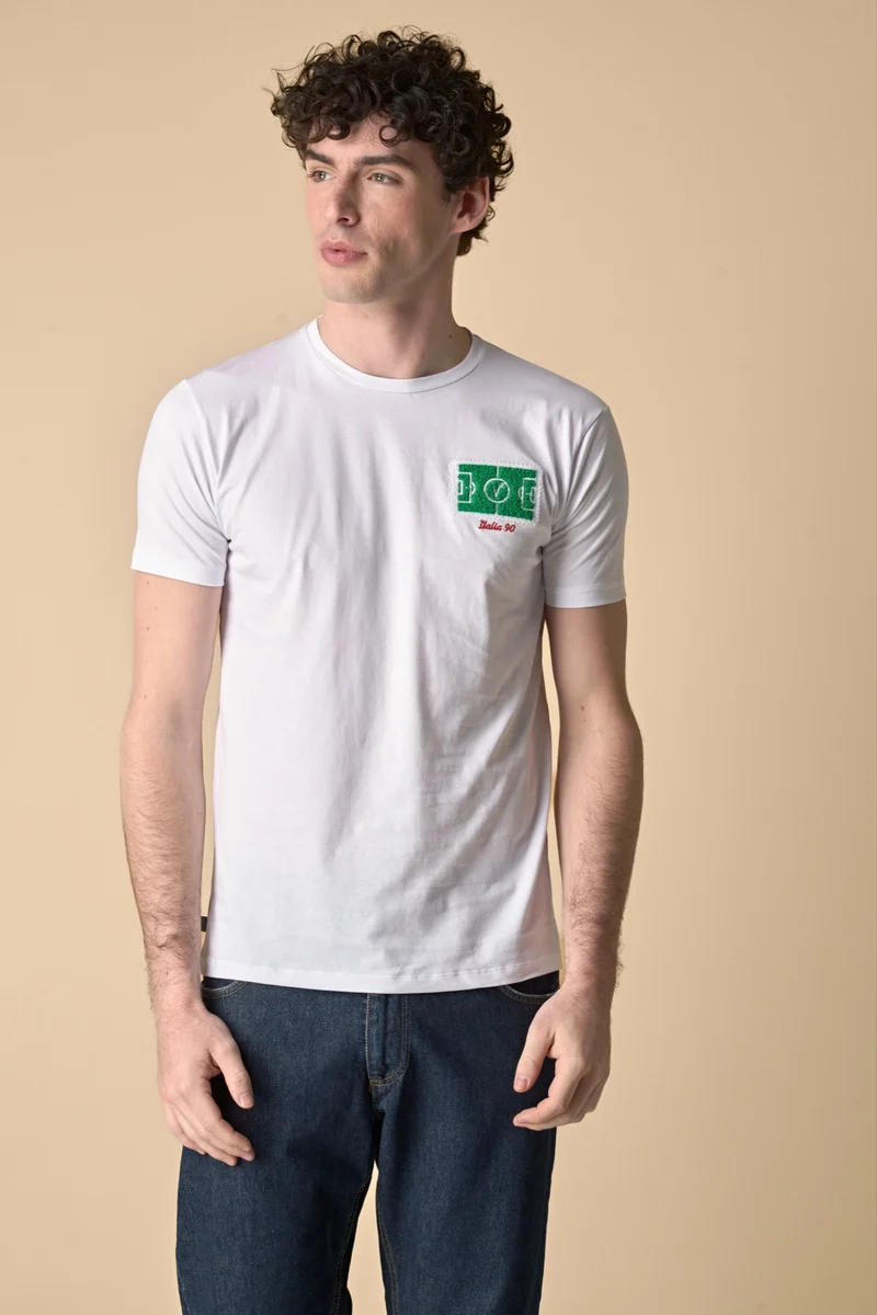 T-Shirt Bianca con ricamo Campo da Calcio in punto spugna
