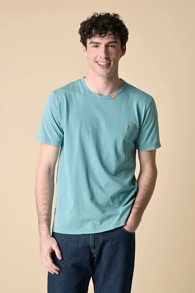 T-Shirt tinto capo marmorizzato Ottanio con Ricami a Contrasto