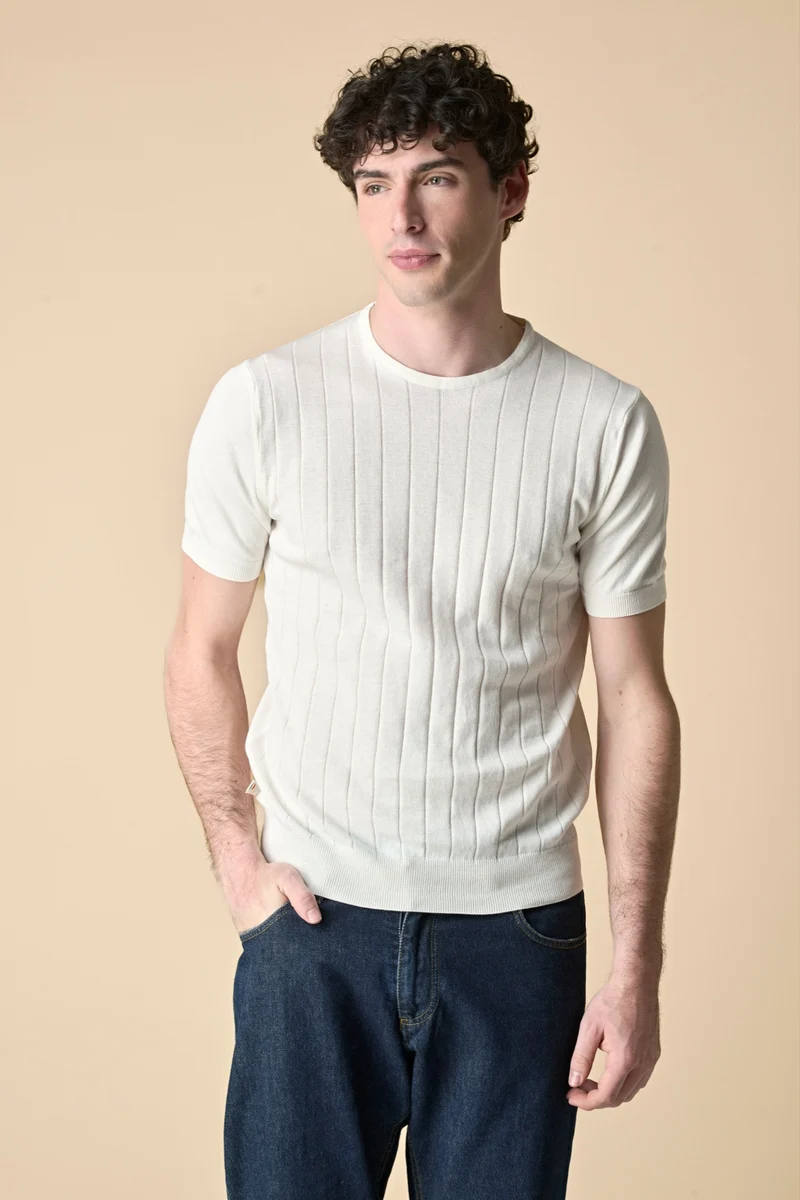 T-Shirt in maglieria puro cotone gessata Panna