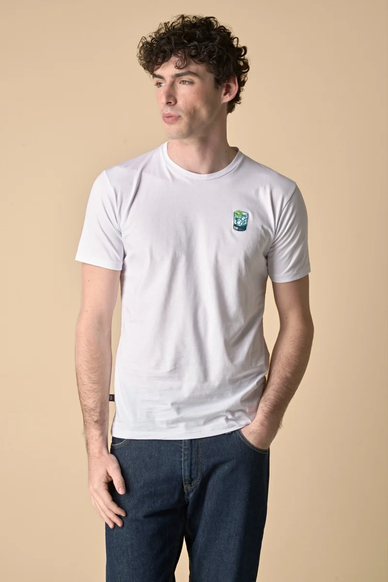 T-Shirt Bianca con ricamo Gin Tonic e stampa sul retro