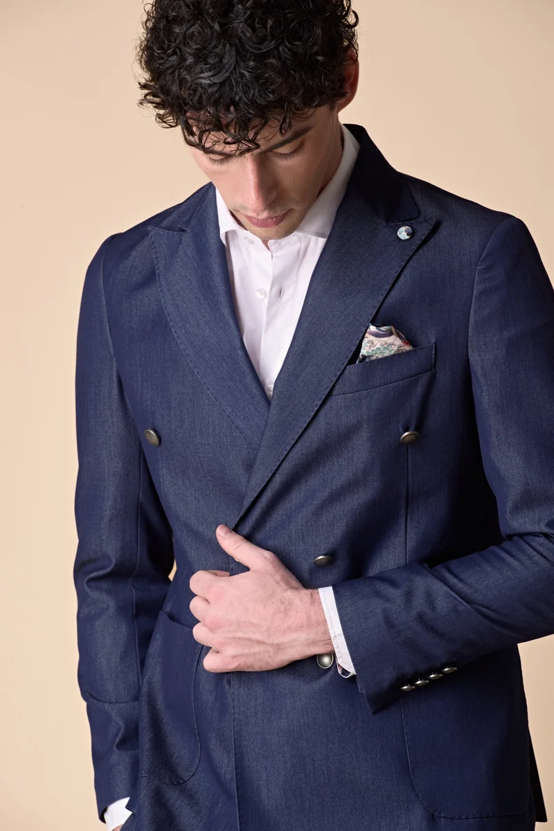 Giacca Doppiopetto alta sartoria Jeans con interni e pochette in tessuto V2