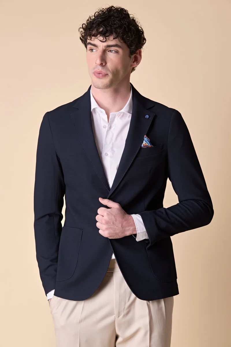 Giacca Monopetto alta sartoria 3D Blu con interni e pochette in tessuto V2
