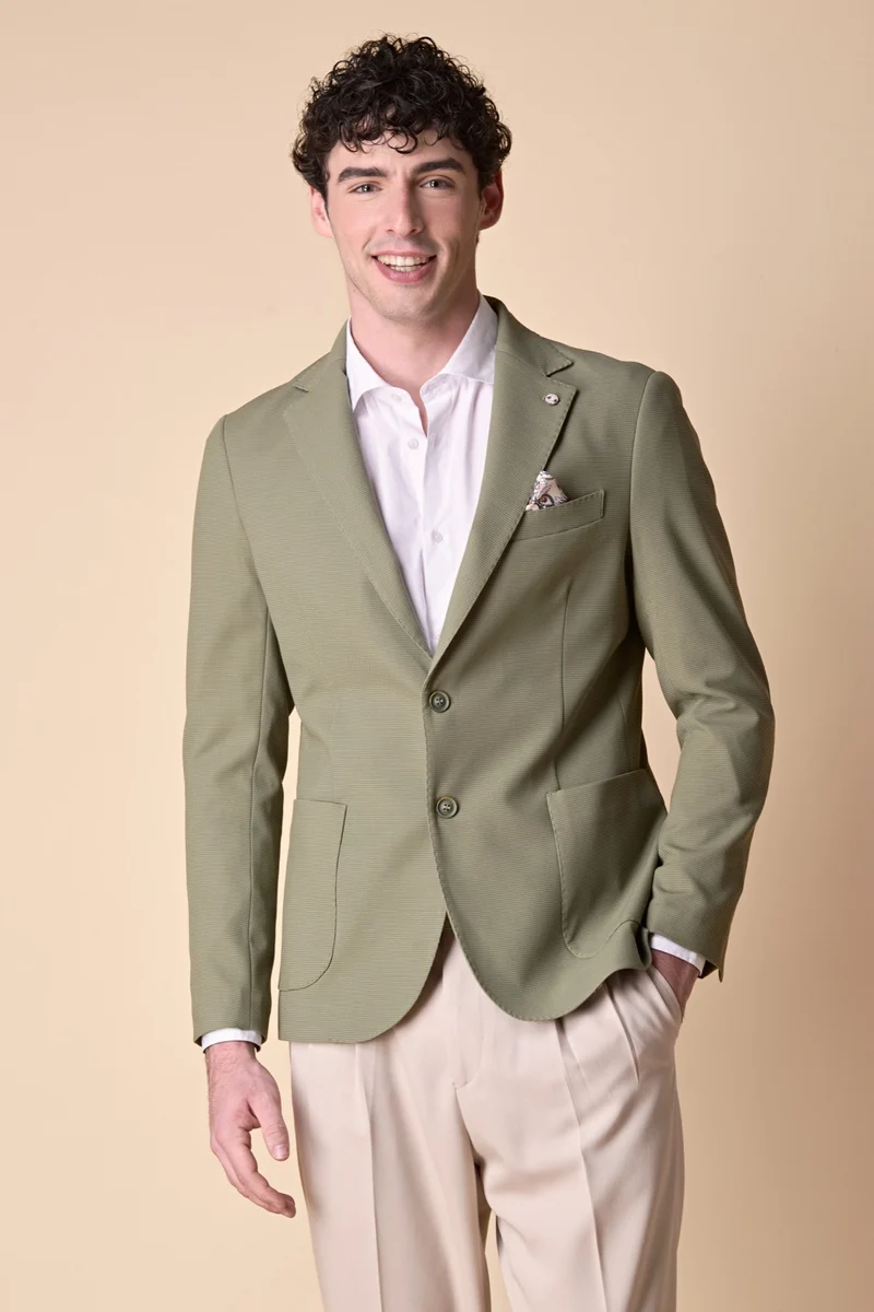 Giacca Monopetto alta sartoria 3D Pesto con interni e pochette in tessuto V2