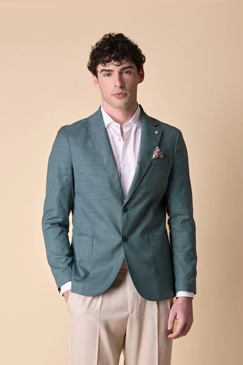 Giacca Monopetto alta sartoria Fiammata Verde con interni e pochette in tessuto V2