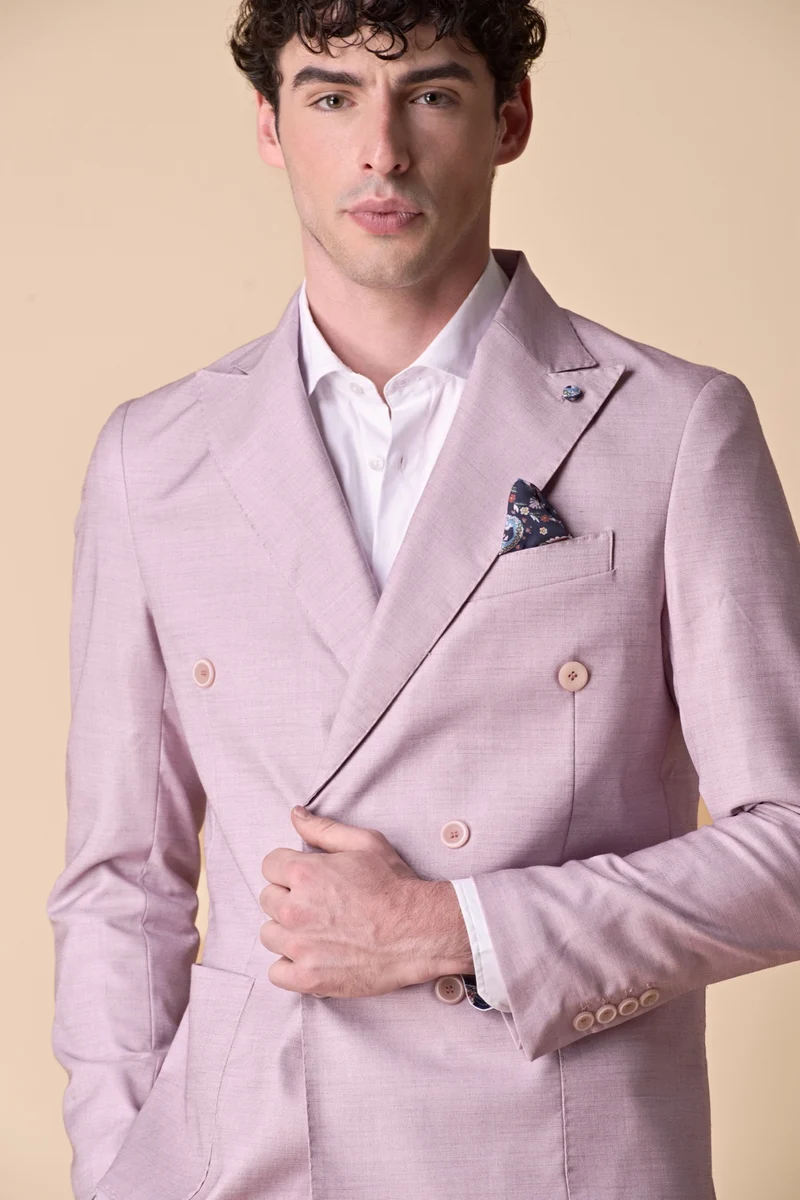 Giacca Doppiopetto alta sartoria Fiammata Rosa Cipria con interni e pochette in tessuto V2