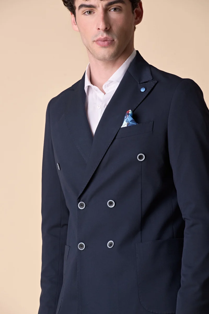 Giacca Doppiopetto alta sartoria Blu con interni e pochette in tessuto V2