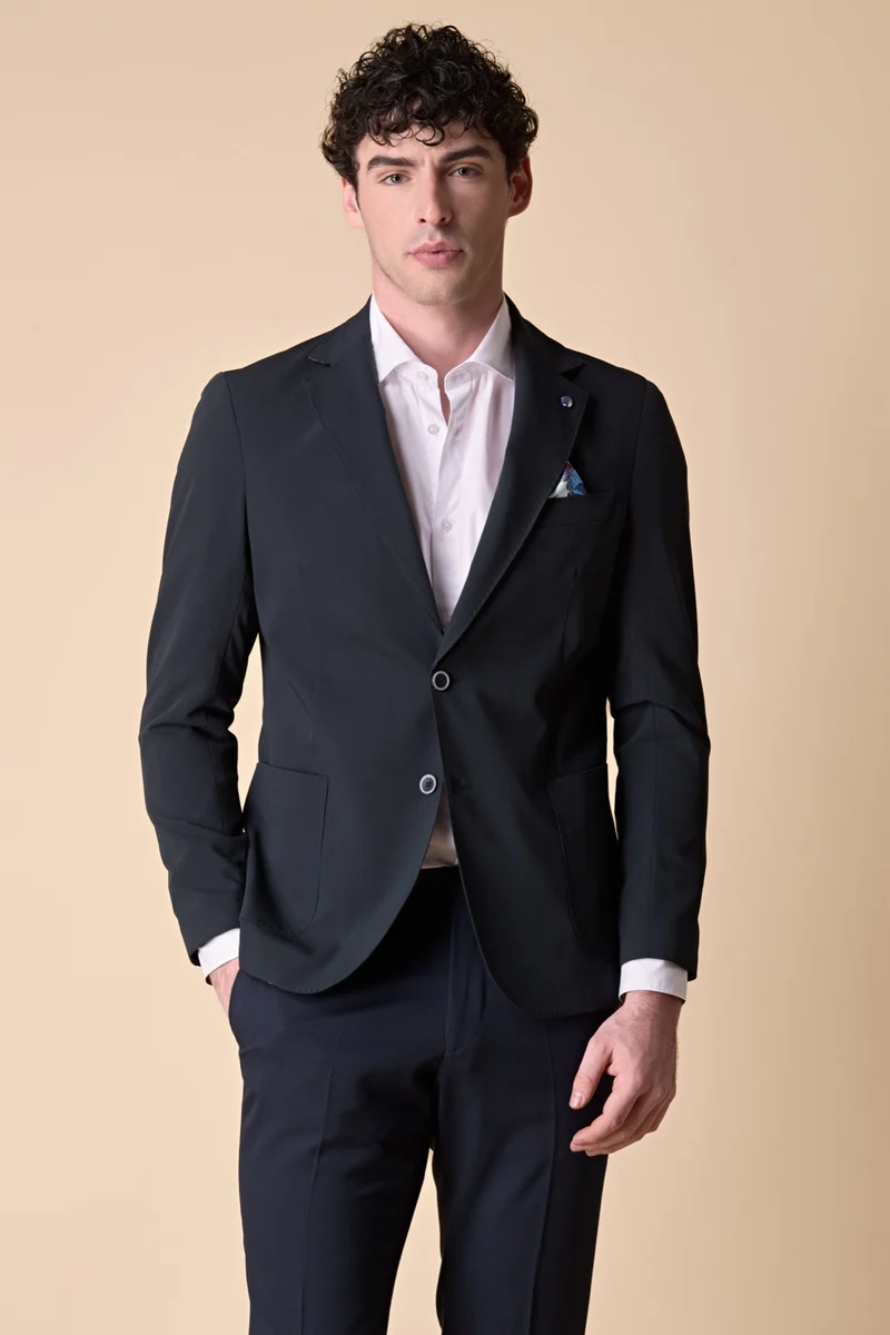 Giacca Monopetto alta sartoria Blu con interni e pochette in tessuto V2