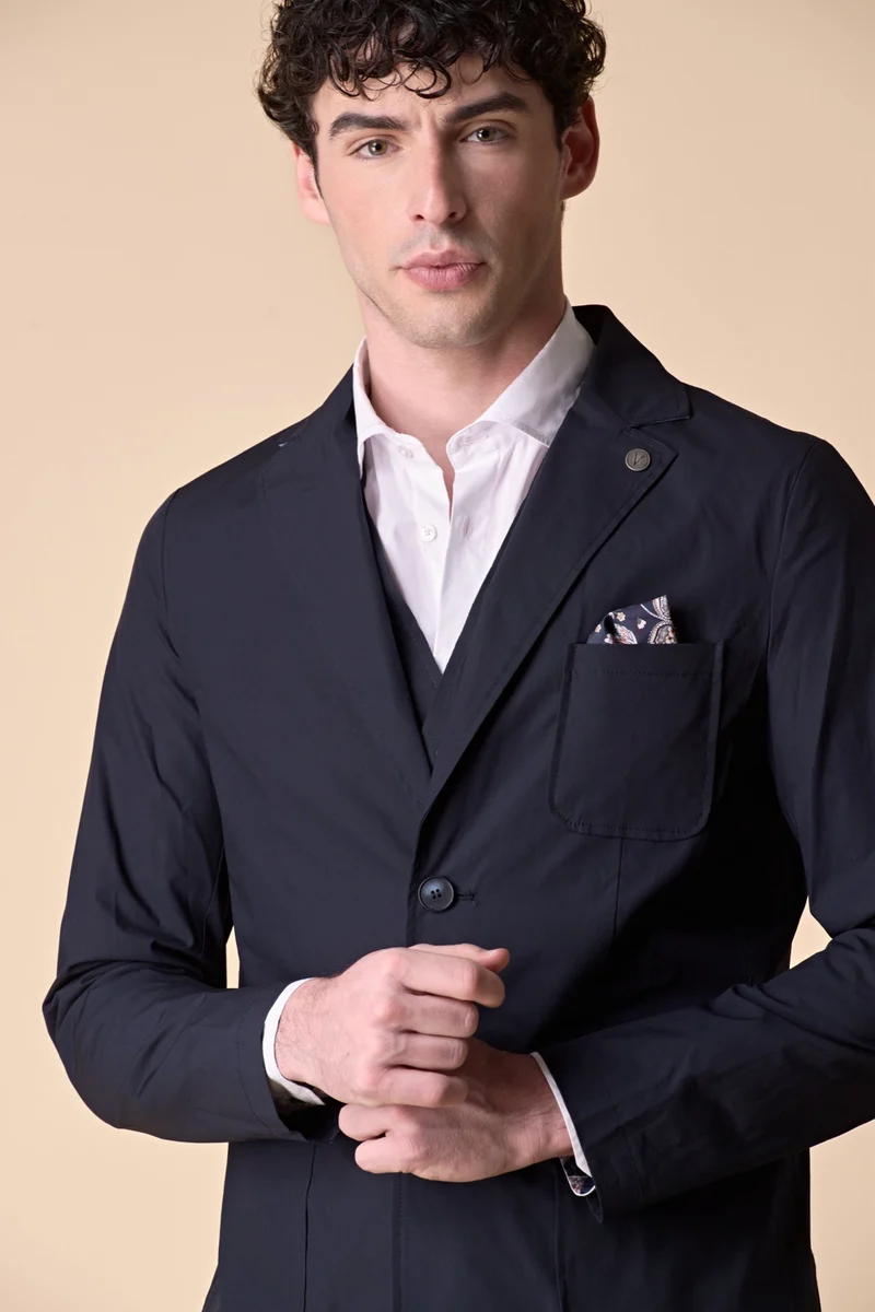 Giacca Sartoriale in tessuto tecnico Jersey Blu con interni e pochette in tessuto V2