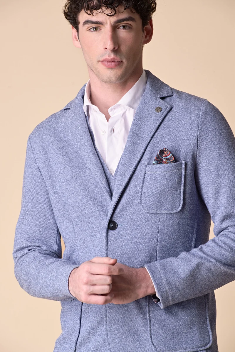 Giacca Sartoriale in Jersey Melange Blu con pochette in tessuto V2