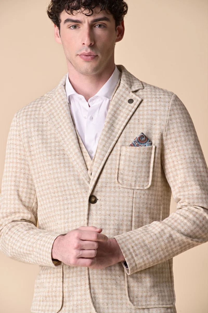 Giacca Sartoriale in Jersey Quadretto Sabbia con pochette in tessuto V2