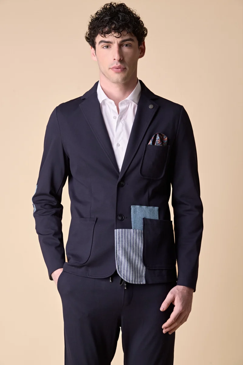 Giacca Sartoriale in Jersey Blu con Patchwork in tessuto V2
