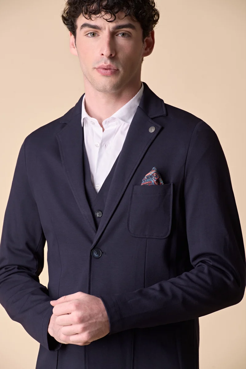 Giacca Sartoriale in Jersey Blu con pochette in tessuto V2